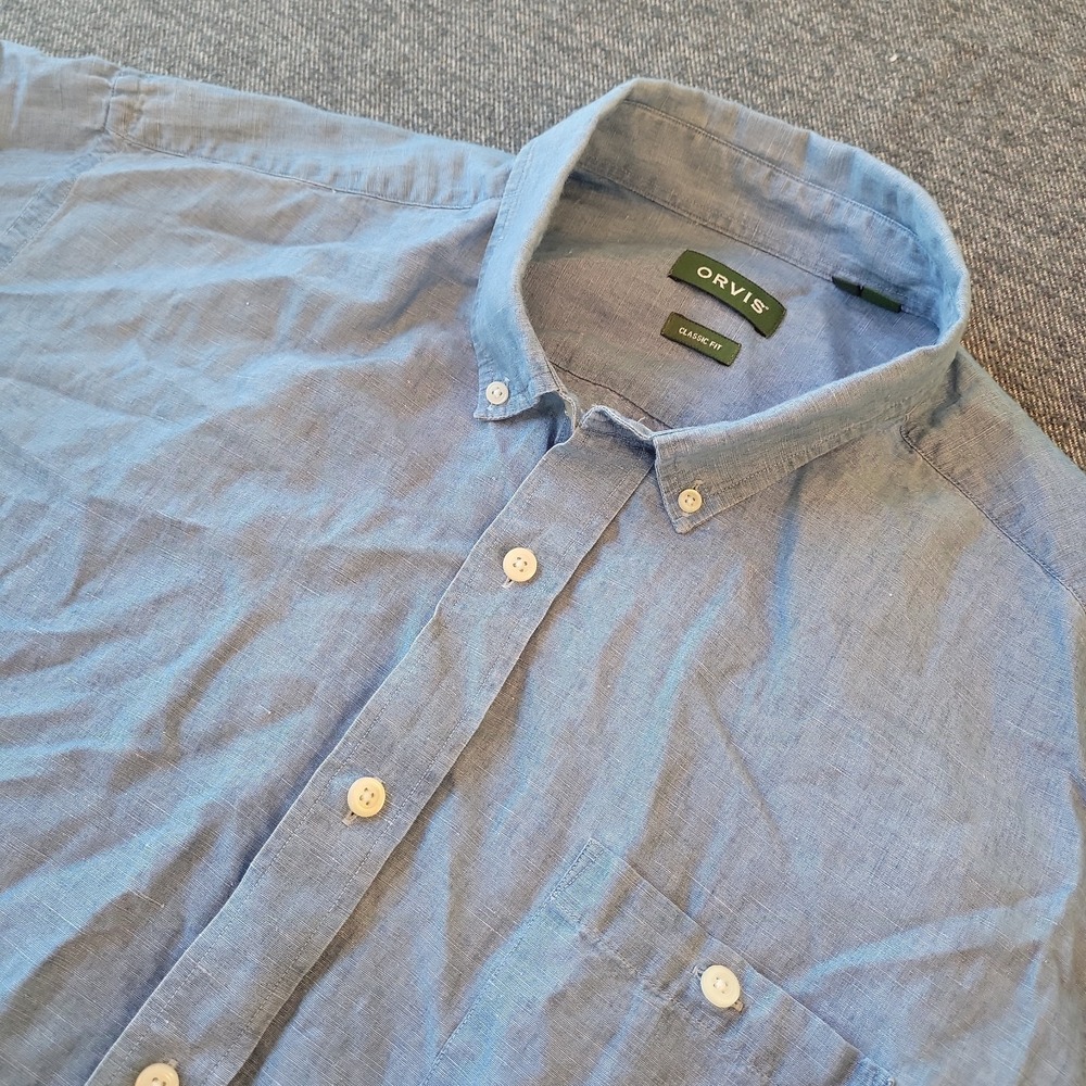Orvis Shirt Men's 2XL Blue Linen Blend Button Down Lightweight Pocket